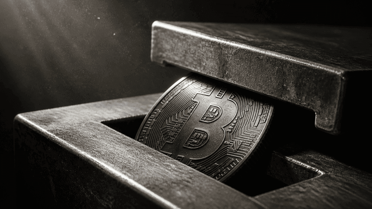 Metallmuenze mit eingepraegtem Bitcoin-Zeichen steckt in einem stählernen Einwurfschlitz, dessen Klappe sich herabsenkt