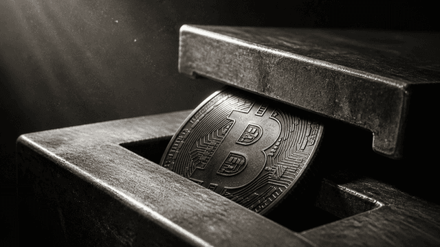 Metallmuenze mit eingepraegtem Bitcoin-Zeichen steckt in einem stählernen Einwurfschlitz, dessen Klappe sich herabsenkt