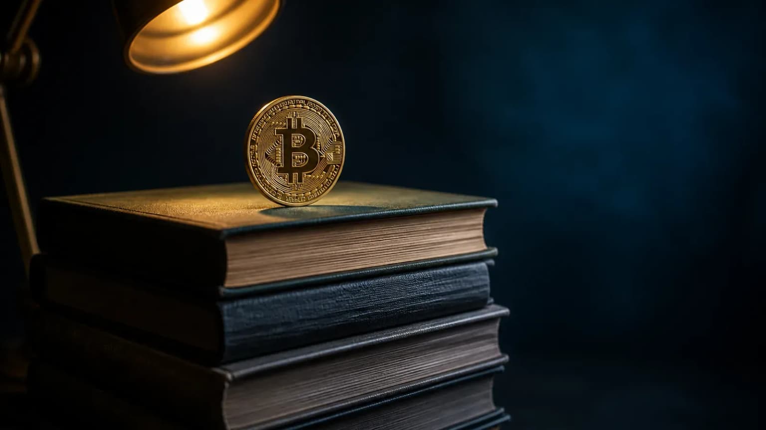Bücherstapel ohne Beschriftung mit einer Bitcoin-Münze obenauf: Trading lernen Buch für Buch, Sinnbild für Lektüre neben dem Übungsdepot