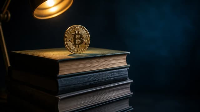 Bücherstapel ohne Beschriftung mit einer Bitcoin-Münze obenauf: Trading lernen Buch für Buch, Sinnbild für Lektüre neben dem Übungsdepot