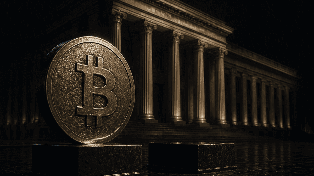 Gran moneda metálica acuñada con el símbolo de Bitcoin sobre un pedestal de piedra ante el pórtico iluminado de columnas de un edificio de banco central por la noche