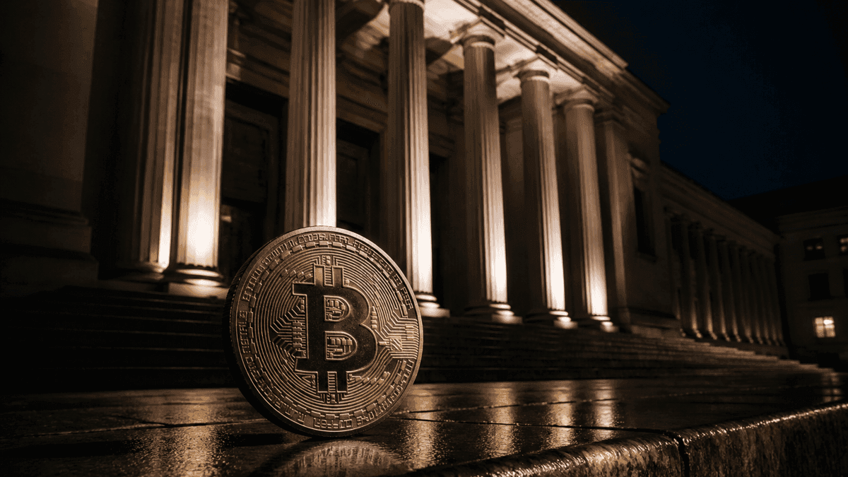 Edificio monumental de banco central de estilo neoclásico de noche con el pórtico de columnas iluminado, sobre el primer escalón de piedra una moneda metálica con el símbolo de Bitcoin grabado puesta de pie