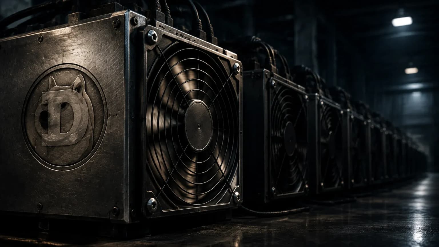 Reihe schwerer Rechengehäuse in einer dunklen Werkhalle, nur das vorderste Gehäuse läuft, in seiner Stahlblende das Dogecoin-Zeichen als tiefe Gravur