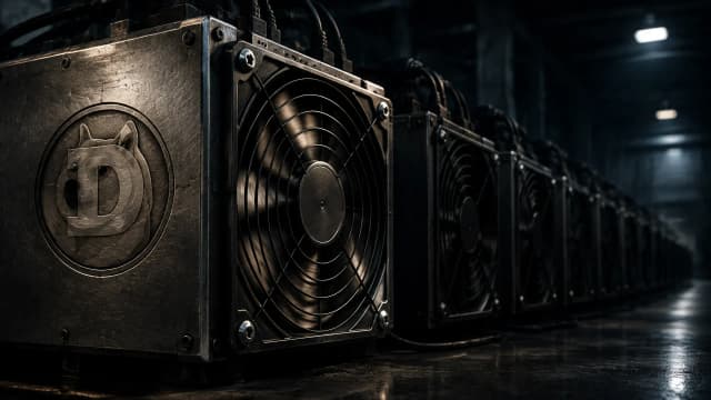 Reihe schwerer Rechengehäuse in einer dunklen Werkhalle, nur das vorderste Gehäuse läuft, in seiner Stahlblende das Dogecoin-Zeichen als tiefe Gravur