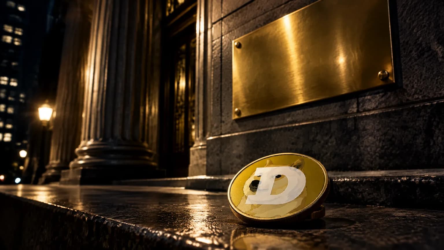 Säulenportal eines Börsengebäudes bei Nacht mit blanker Messingtafel, davor eine Metallmünze mit dem Dogecoin-Zeichen auf der Steinschwelle