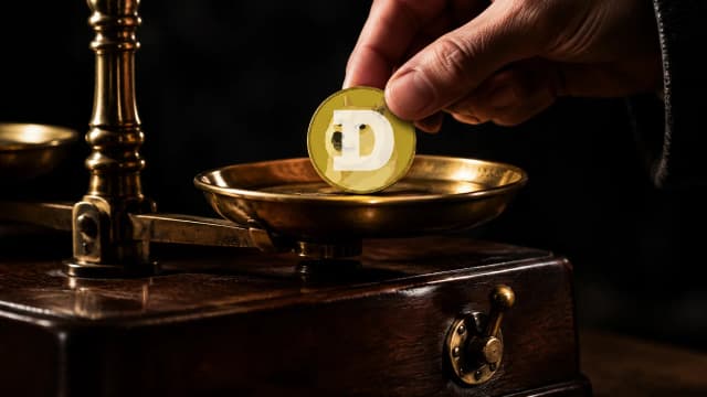 Hand legt eine Münze mit dem Dogecoin-Zeichen auf eine Feinwaage am Wechselschalter