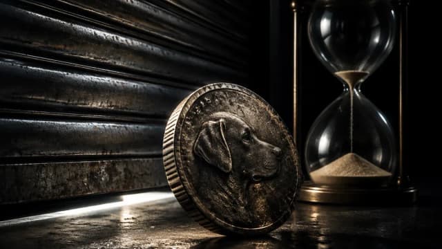 Metallmuenze mit eingepraegtem Hundekopf vor einer fast geschlossenen Stahlrollklappe, daneben eine Sanduhr mit ablaufendem Sand