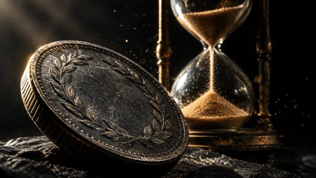 Schwere Metallmuenze im Makro vor einer antiken Sanduhr mit rinnendem Sand auf dunklem Stein