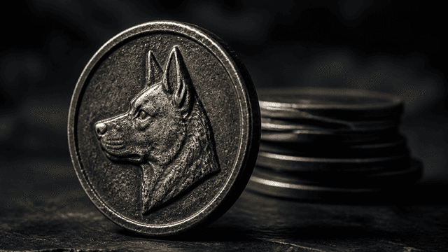 Physische Metallmuenze mit dem Relief eines Hundekopfes im Profil, dahinter ein unscharfer Stapel weiterer Muenzen auf dunklem Stein