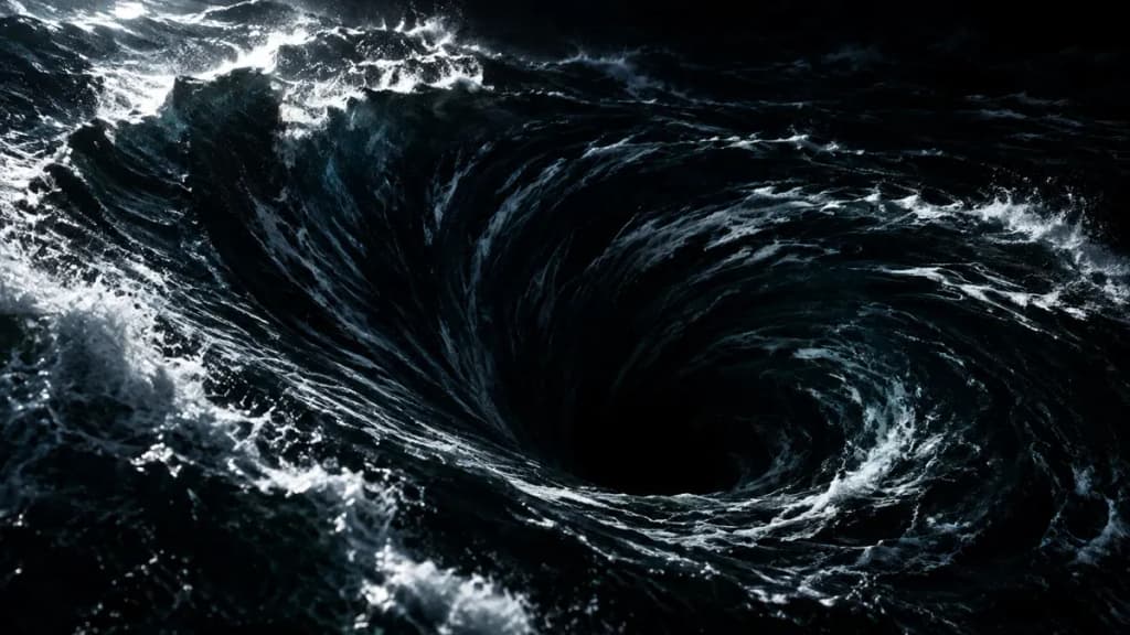 Dunkler Wasserstrudel in nachtschwarzem Meer saugt alles in die Tiefe