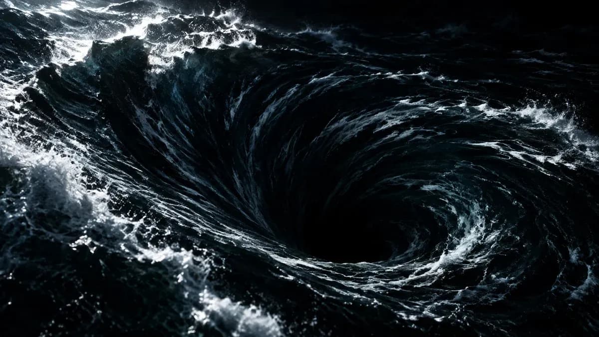 Dunkler Wasserstrudel in nachtschwarzem Meer saugt alles in die Tiefe