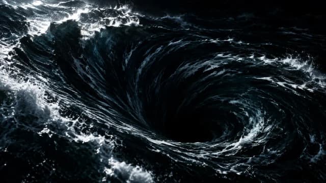 Dunkler Wasserstrudel in nachtschwarzem Meer saugt alles in die Tiefe