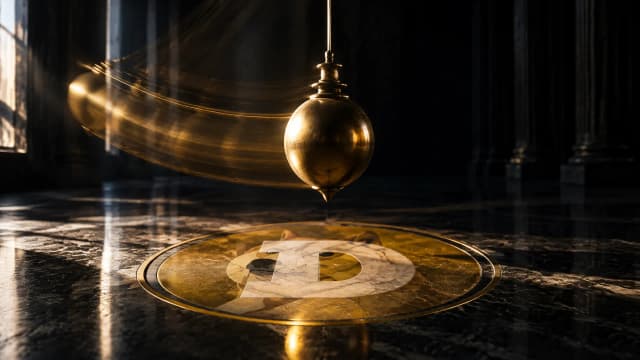 Schweres Messingpendel an langem Draht schwingt durch einen hohen leeren Saal bei Nacht, die Langzeitbelichtung zeigt den Bogen der Bewegung, in der polierten Steinplatte darunter ist das Dogecoin-Zeichen als runde Intarsie eingelegt
