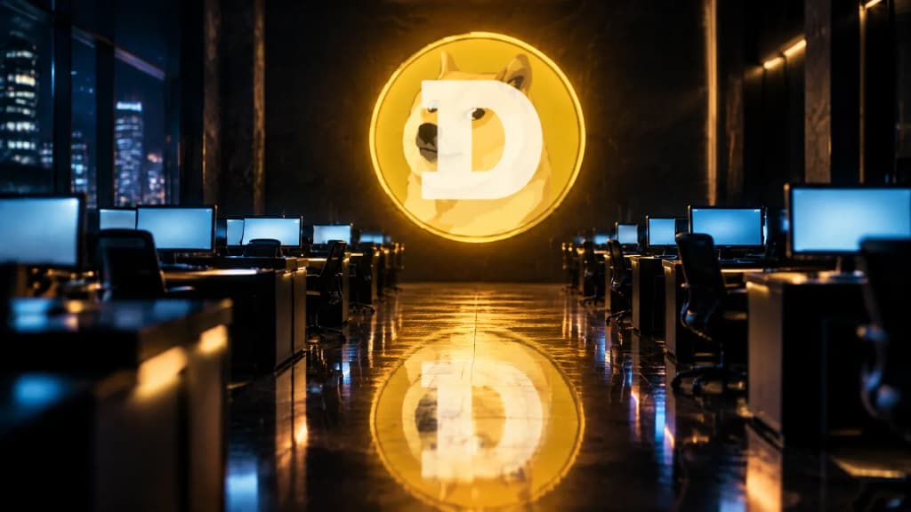 Naechtlicher Handelssaal mit leeren Pultreihen, an der Rueckwand leuchtet das Dogecoin-Zeichen als grosses Neonzeichen und spiegelt sich im polierten Boden