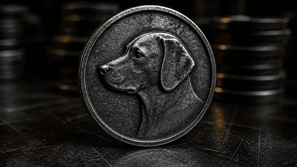 Schwere Metallmuenze mit eingepraegtem Hundekopf-Profil in Makroaufnahme, aufrecht auf zerkratzter Stahlplatte, Muenzstapel unscharf im Hintergrund