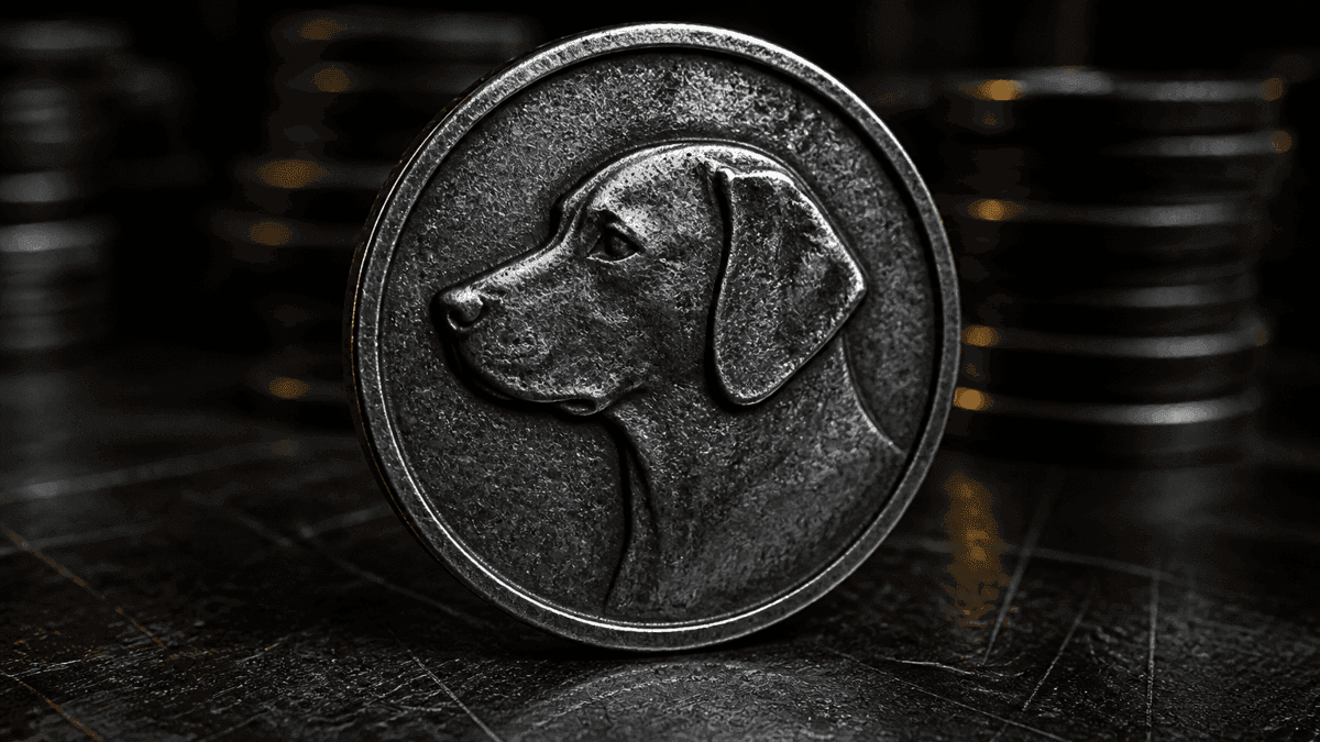 Schwere Metallmuenze mit eingepraegtem Hundekopf-Profil in Makroaufnahme, aufrecht auf zerkratzter Stahlplatte, Muenzstapel unscharf im Hintergrund