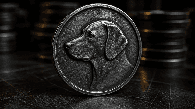 Schwere Metallmuenze mit eingepraegtem Hundekopf-Profil in Makroaufnahme, aufrecht auf zerkratzter Stahlplatte, Muenzstapel unscharf im Hintergrund