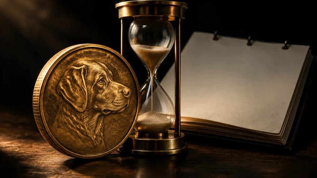 Messingmuenze mit eingepraegtem Hundeprofil neben einer Sanduhr und einem leeren Kalenderblatt