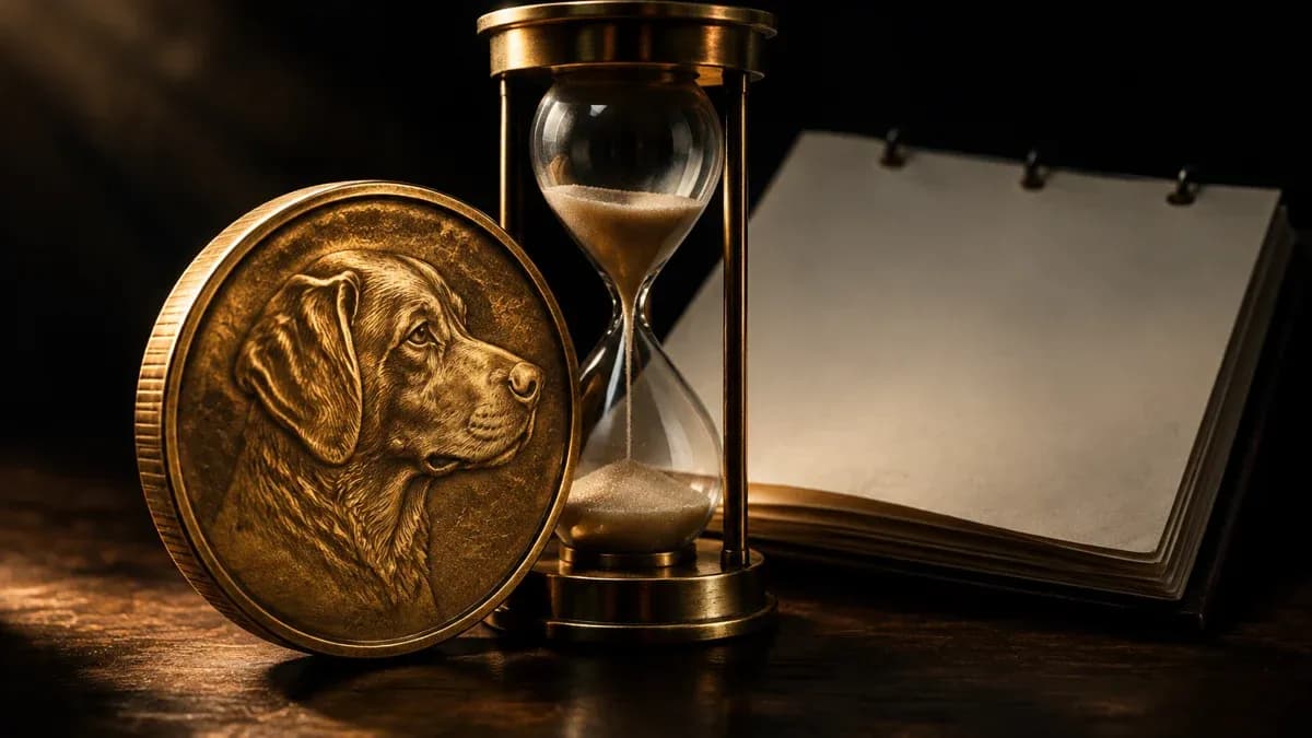 Messingmuenze mit eingepraegtem Hundeprofil neben einer Sanduhr und einem leeren Kalenderblatt