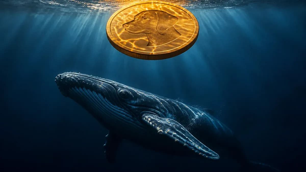 Großer Wal schwimmt unter einer goldenen Münze mit Hundeprofil im tiefblauen Wasser