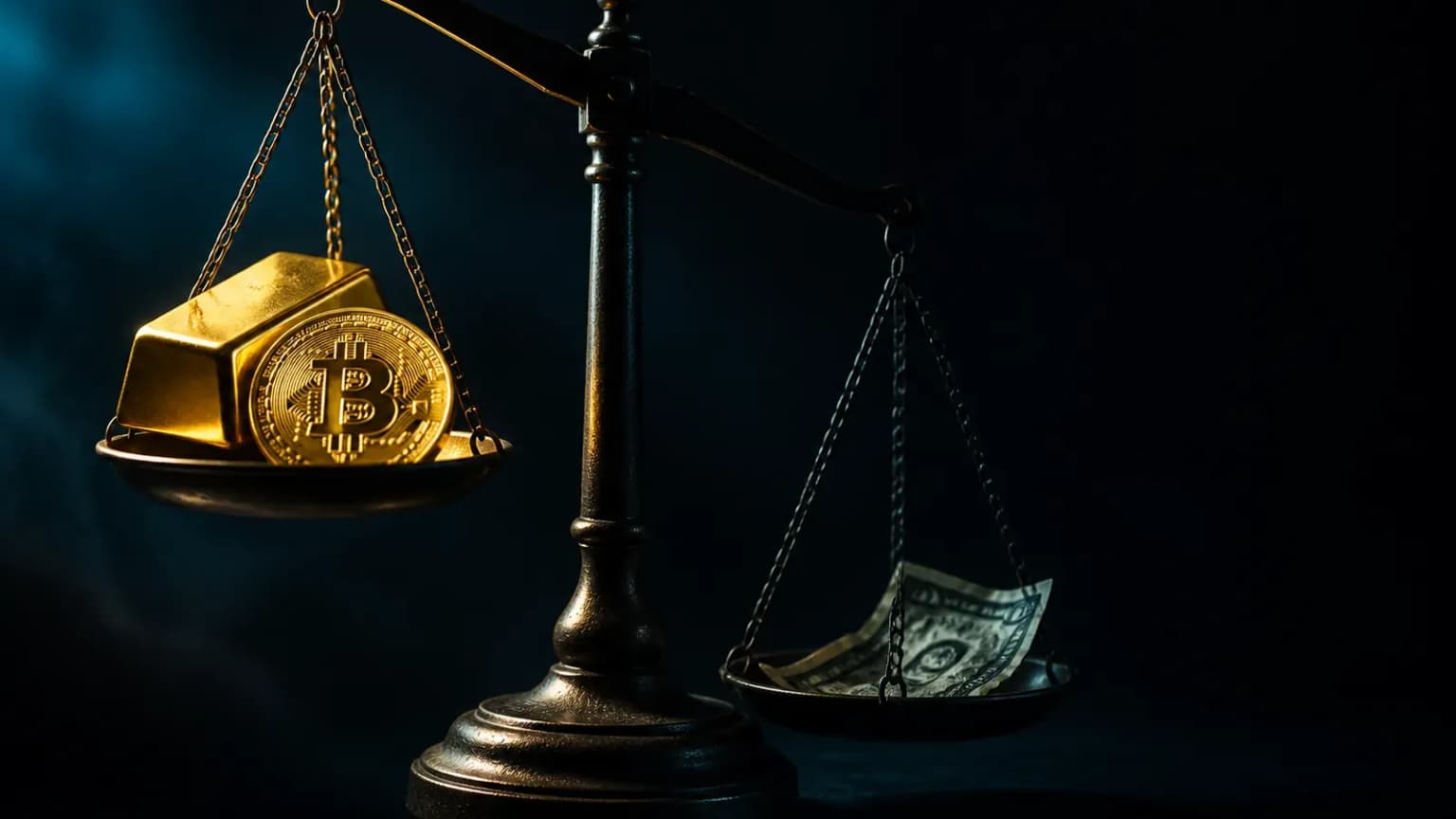 Balance scale with a gold bar and Bitcoin coin rising while a crumpled banknote sinks, symbolizing dollar weakness