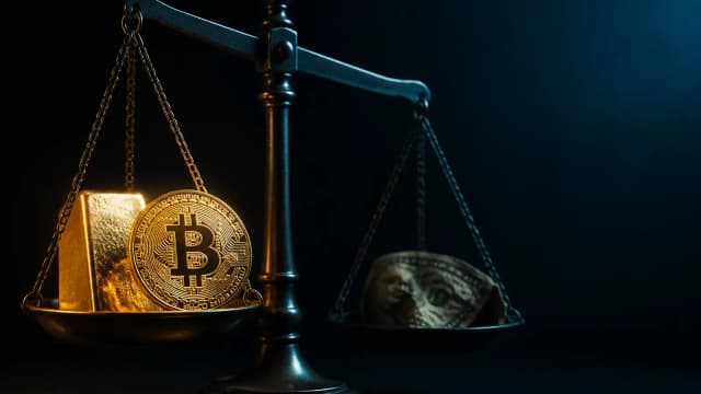 Waage mit Goldbarren und Bitcoin-Münze auf der steigenden Seite und zerknittertem Geldschein auf der sinkenden – Sinnbild für Dollar-Schwäche