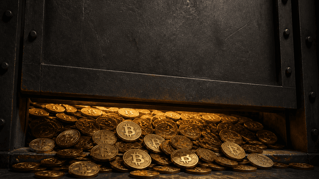 Massives dunkles Stahl-Schleusentor einen Spalt weit angehoben, dahinter draengt eine aufgestaute Masse goldener Muenzen mit eingepraegtem Bitcoin-Zeichen durch die Oeffnung