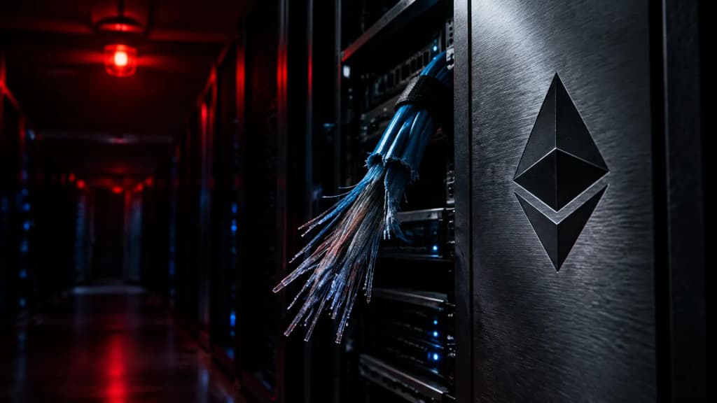Dunkler Serverraum mit rotem Warnlicht, ein durchtrenntes Glasfaserbuendel haengt aus einem offenen Rack, daneben das Ethereum-Zeichen als Gravur in gebuersteter Stahlblende
