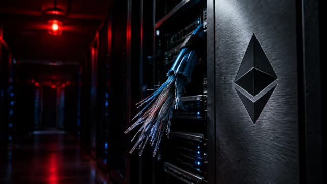 Dunkler Serverraum mit rotem Warnlicht, ein durchtrenntes Glasfaserbündel hängt aus einem offenen Rack, daneben das Ethereum-Zeichen als Gravur in gebürsteter Stahlblende