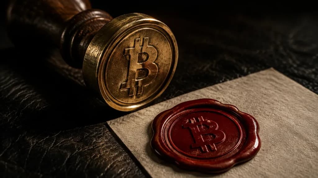 Messing-Siegelstempel mit eingraviertem Bitcoin-Zeichen neben einem roten Siegellack-Abdruck auf Büttenpapier