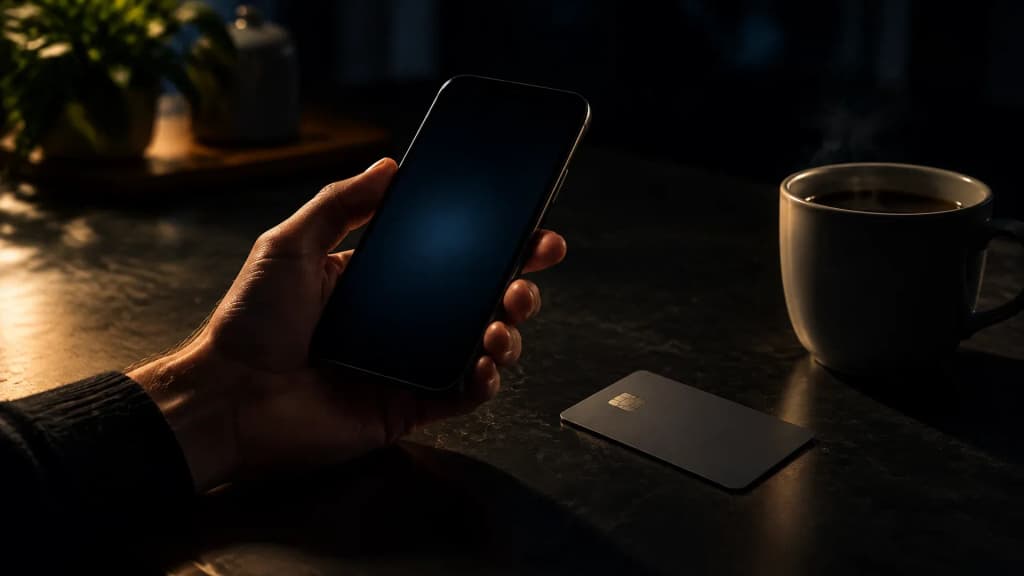 Eine Hand hält ein Smartphone mit schwach leuchtendem Display über einem nächtlichen Küchentisch, daneben eine Bankkarte