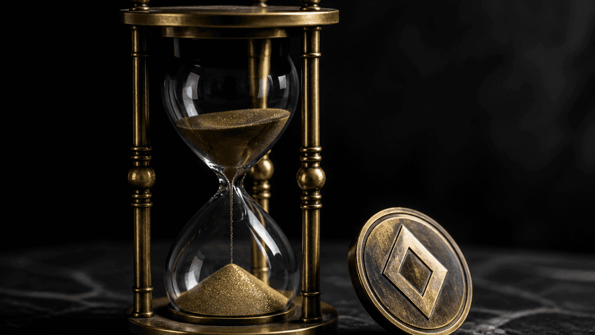 Brass hourglass with sand trickling through on a dark stone slab, beside it a heavy metal coin embossed with a diamond-shaped symbol
