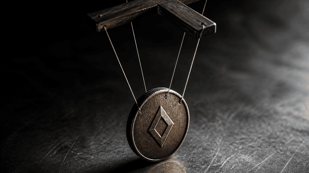 Marionettenkreuz mit straffen Fäden, die eine aufrecht stehende Metallmünze mit rautenförmigem Symbol führen