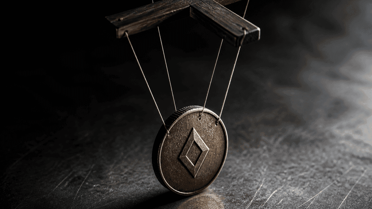Marionettenkreuz mit straffen Fäden, die eine aufrecht stehende Metallmünze mit rautenförmigem Symbol führen