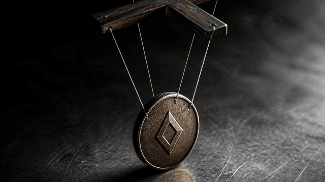 Marionettenkreuz mit straffen Fäden, die eine aufrecht stehende Metallmünze mit rautenförmigem Symbol führen
