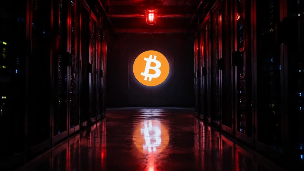 Dunkler Serverraum mit einer roten Warnleuchte an der Decke und dem Bitcoin-Zeichen als kaltweißes Leuchtzeichen an der Stirnwand