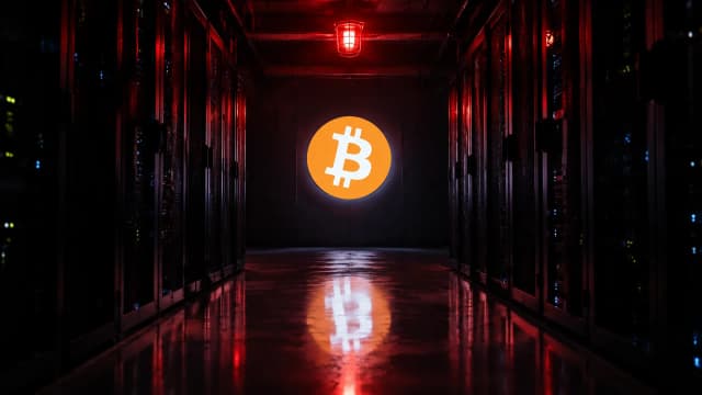 Dunkler Serverraum mit einer roten Warnleuchte an der Decke und dem Bitcoin-Zeichen als kaltweißes Leuchtzeichen an der Stirnwand