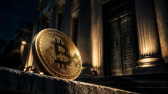 Nächtliches klassizistisches Aufsichtsgebäude mit Säulenreihe und dunklem Metallportal, davor auf einer Steinbrüstung eine große Münze mit eingeprägtem Bitcoin-Zeichen
