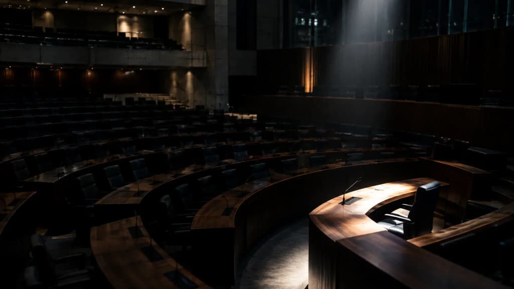 Leerer Plenarsaal einer europäischen Institution bei Nacht, ein einzelner Sitzplatz hell angestrahlt