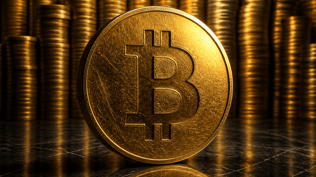 Grosse hochkant stehende Goldmuenze mit eingepraegtem Bitcoin-Zeichen vor einer unscharfen hohen Wand aus tausenden gestapelten Muenzen