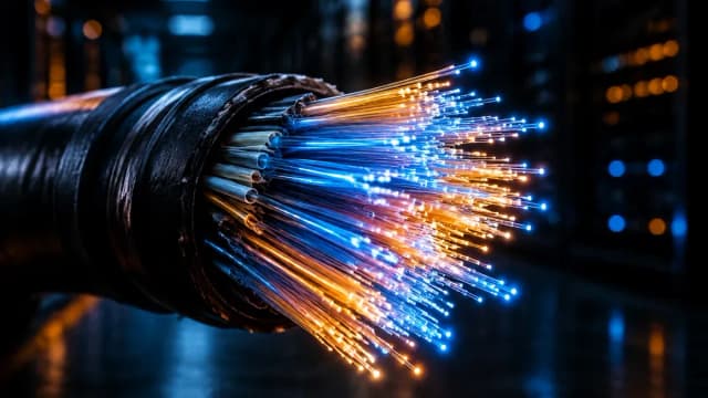 Glasfaserbündel in Großaufnahme, die Faserenden glühen blau und bernsteinfarben in einem dunklen Technikraum