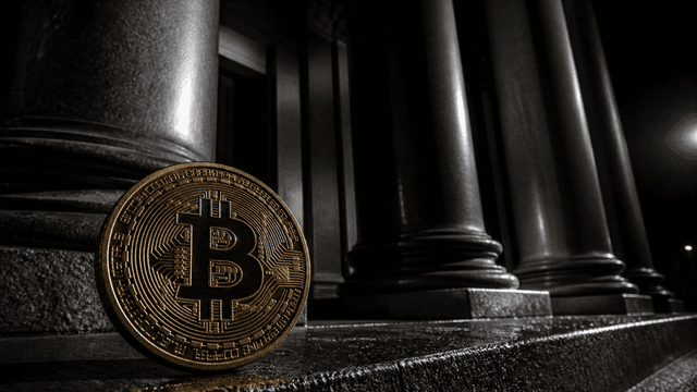 Goldene Muenze mit eingepraegtem Bitcoin-Zeichen auf der nassen Granitstufe vor dem naechtlichen Saeulenportal eines klassizistischen Behoerdengebaeudes