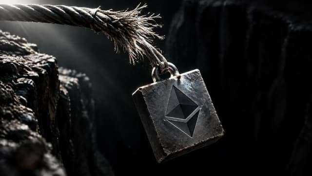 Gerissenes Stahlseil über einer nachtschwarzen Schlucht, am abgerissenen Ende kippt eine schwere Metallplatte mit dem Ethereum-Zeichen in die Tiefe