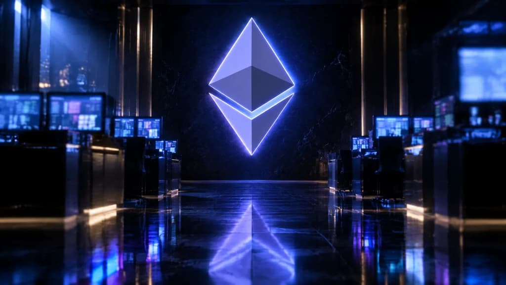 Menschenleerer Handelssaal bei Nacht, an der Rueckwand leuchtet das Ethereum-Zeichen als grosses Neonzeichen ueber den Monitorreihen