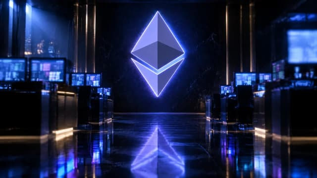 Menschenleerer Handelssaal bei Nacht, an der Rueckwand leuchtet das Ethereum-Zeichen als grosses Neonzeichen ueber den Monitorreihen
