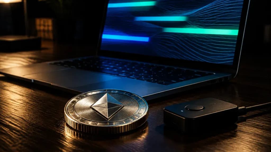 Aufgeklappter Laptop mit textlosen Leuchtbalken auf einem dunklen Schreibtisch, davor eine Metallmünze mit eingeprägtem Rautensymbol und ein kleines Sicherheitsgerät mit Knopf