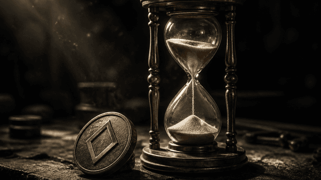 Sanduhr aus Messing und Glas auf einer dunklen Werkbank, daneben eine grosse Metallmuenze mit eingepraegtem rautenfoermigem Symbol
