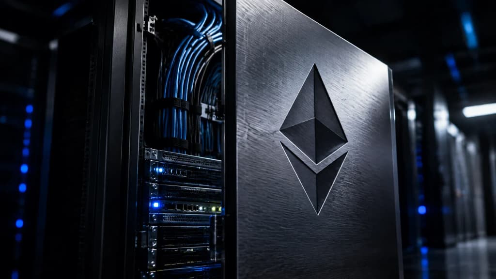 Offener Serverschrank in einem dunklen Rechenzentrum, in die Metallblende ist das Ethereum-Zeichen tief eingraviert, die Wartungsklappe steht offen