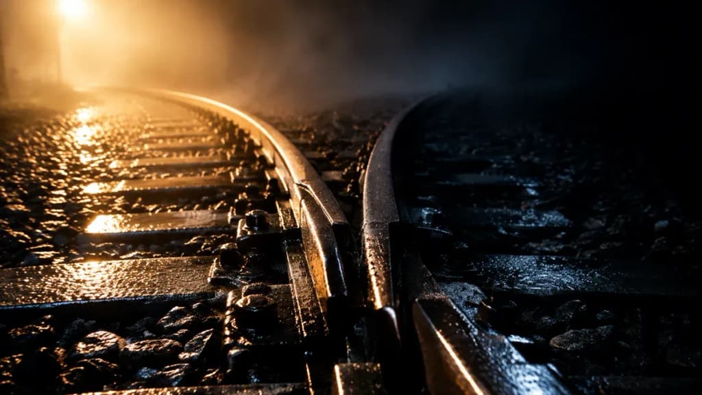 Eisenbahnweiche im Nebel: ein Gleisstrang liegt im Scheinwerferlicht, der zweite verliert sich im Dunkeln