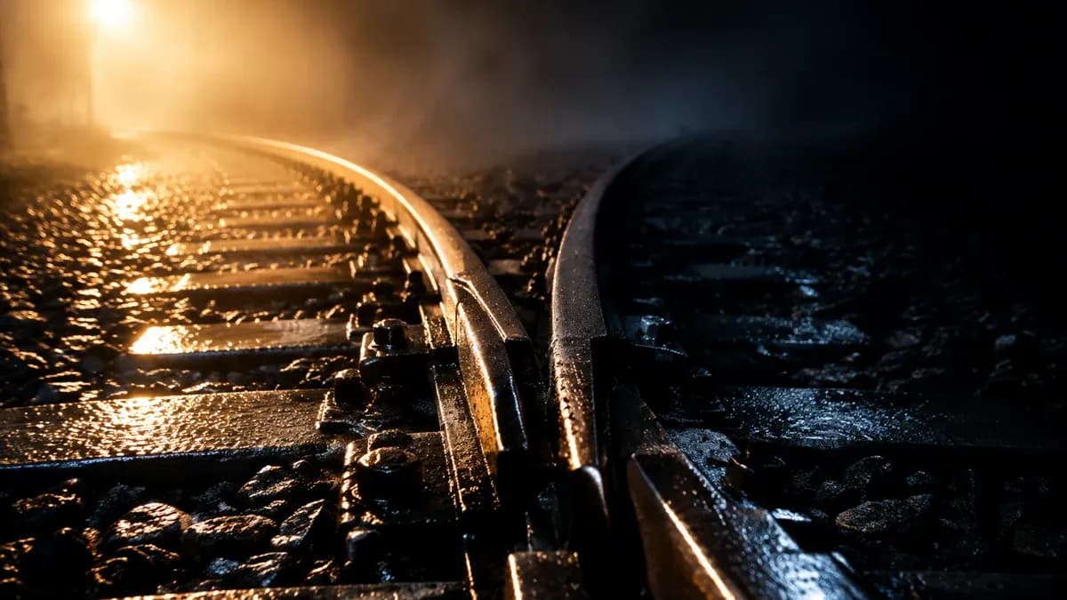 Eisenbahnweiche im Nebel: ein Gleisstrang liegt im Scheinwerferlicht, der zweite verliert sich im Dunkeln